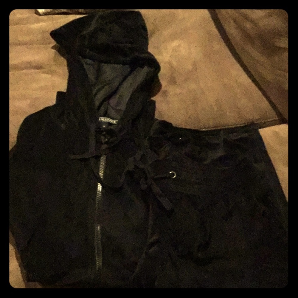 Black velour lounge pant and hooded zip up jacket.